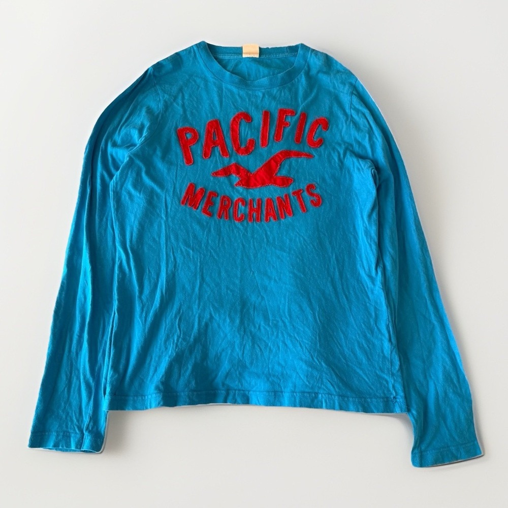 VTG Hollister Men's Blue Red Spellout XL Long Sleeve Top "Pacific Merchants" Y2K